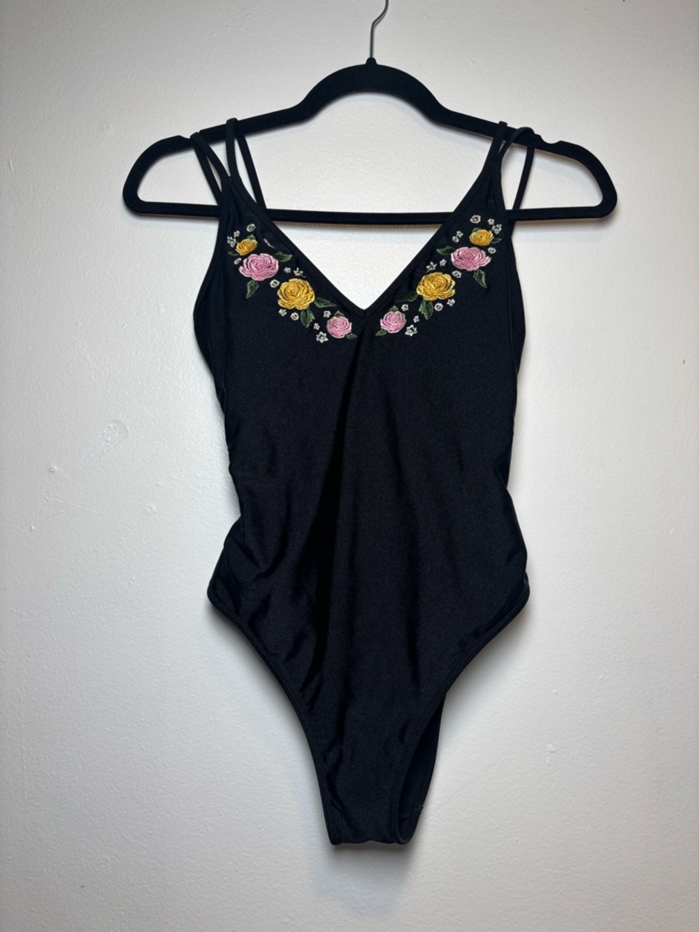 La Hearts Black One-Piece with Pink and Yellow Floral Embroidery